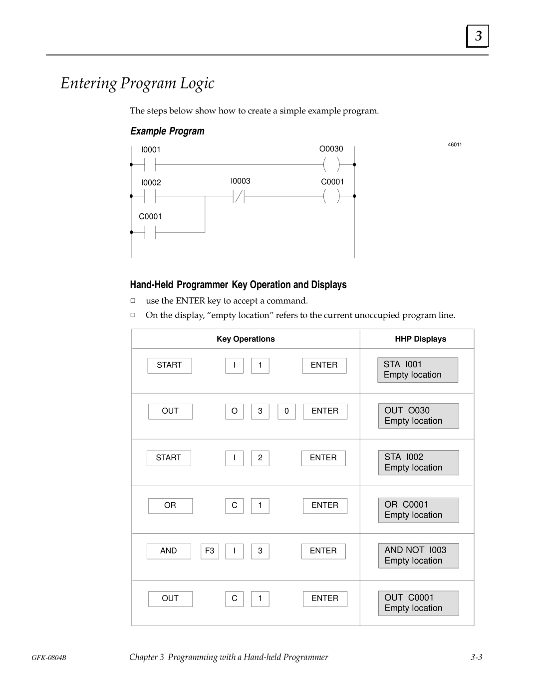 GE GFK-0804B manual Entering Program Logic, Hand-Held Programmer Key Operation and Displays 