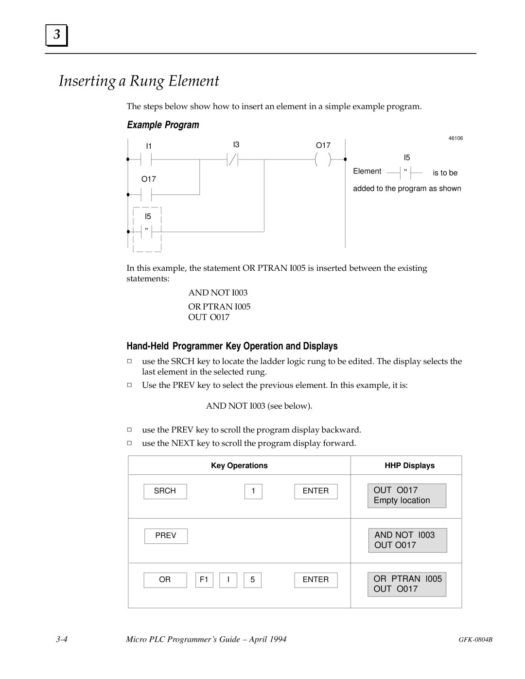 GE GFK-0804B manual Inserting a Rung Element 