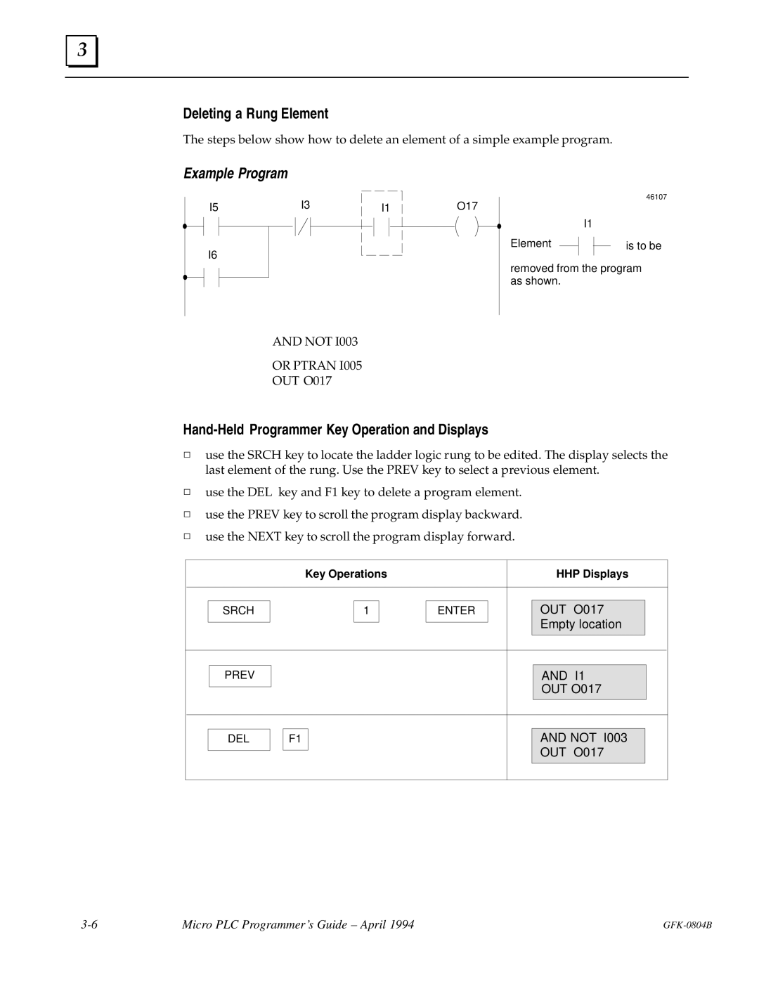 GE GFK-0804B manual Deleting a Rung Element 