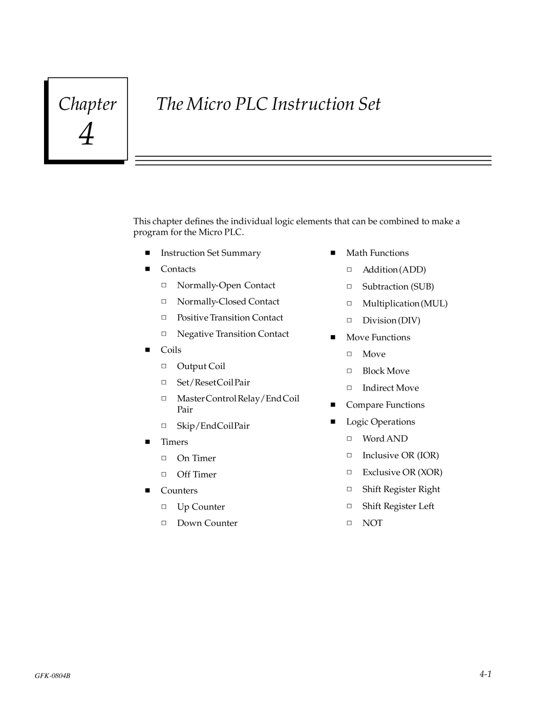 GE GFK-0804B manual Chapter Micro PLC Instruction Set 