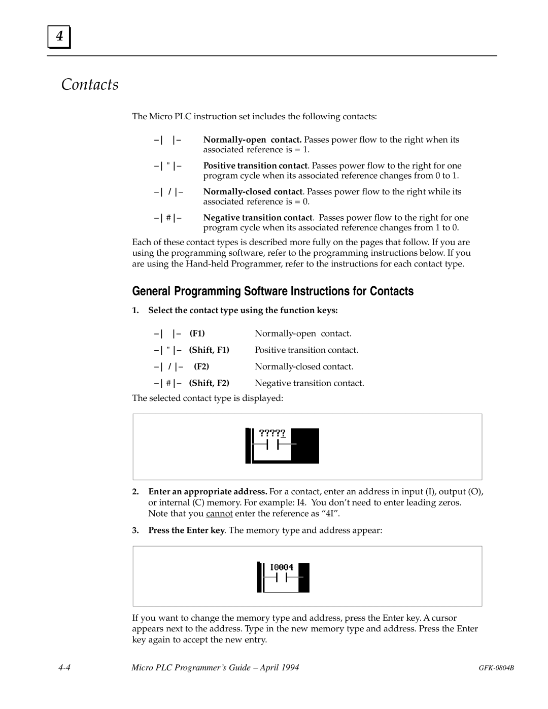 GE GFK-0804B manual General Programming Software Instructions for Contacts 