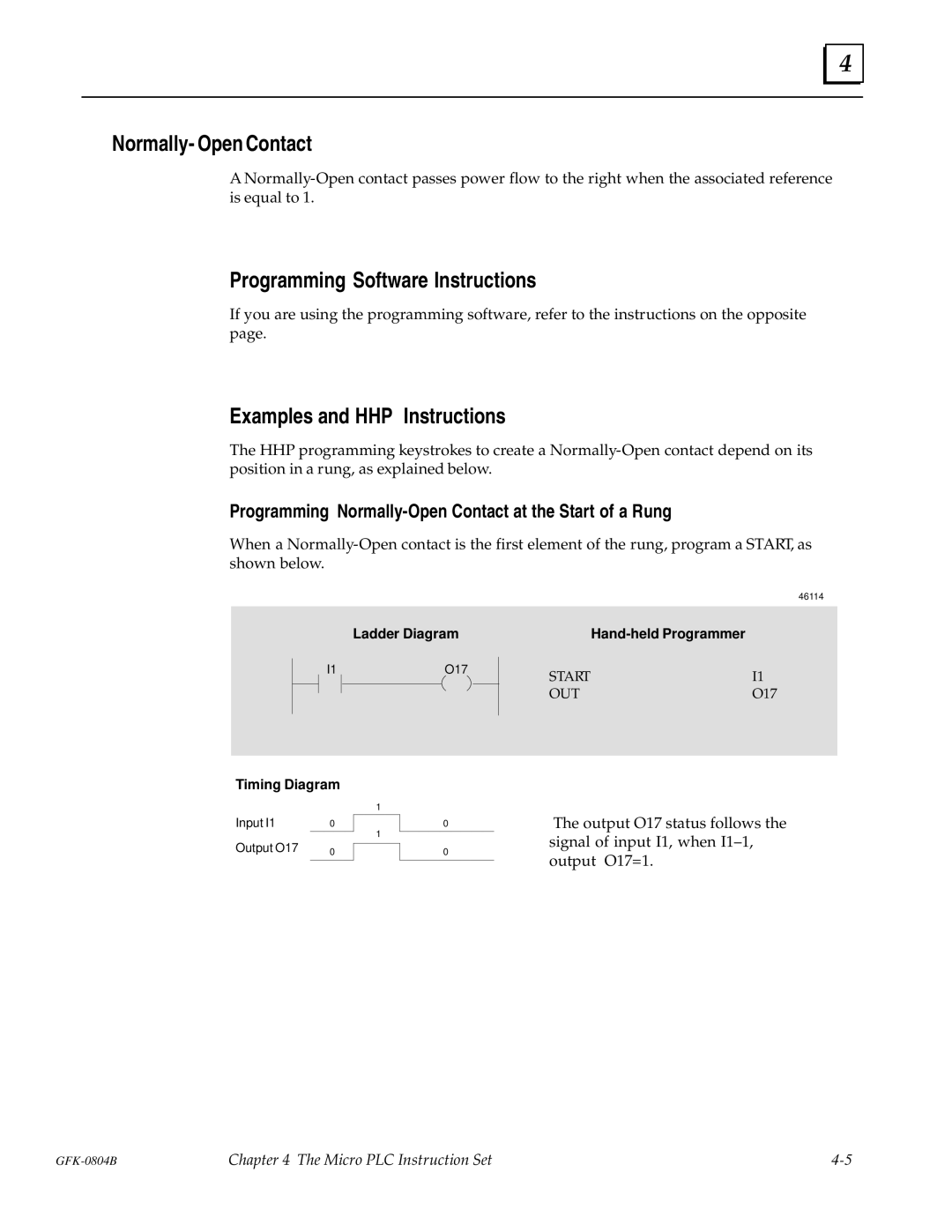 GE GFK-0804B manual Normally- Open Contact, Programming Software Instructions, Examples and HHP Instructions 