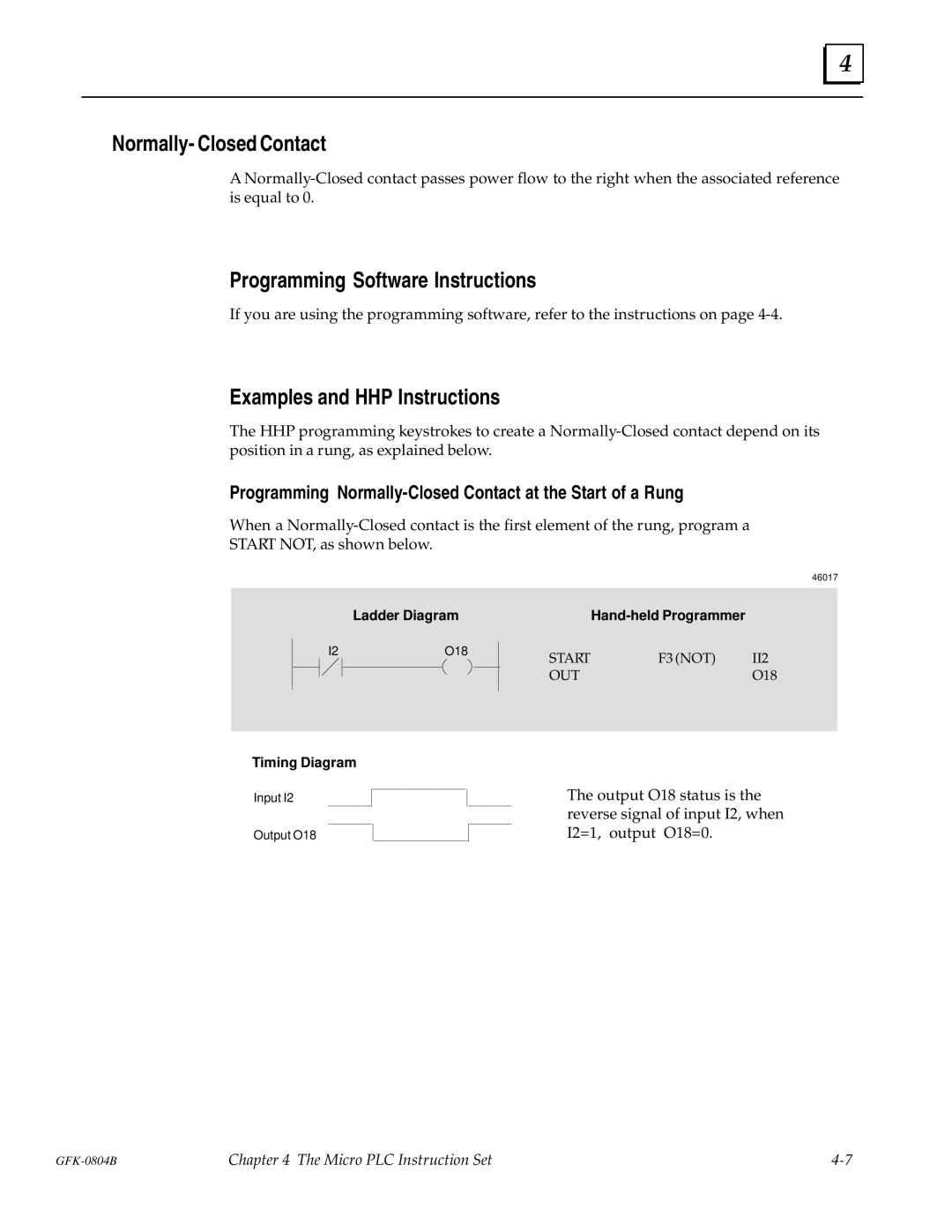 GE GFK-0804B manual Normally- Closed Contact, Programming Normally-Closed Contact at the Start of a Rung 