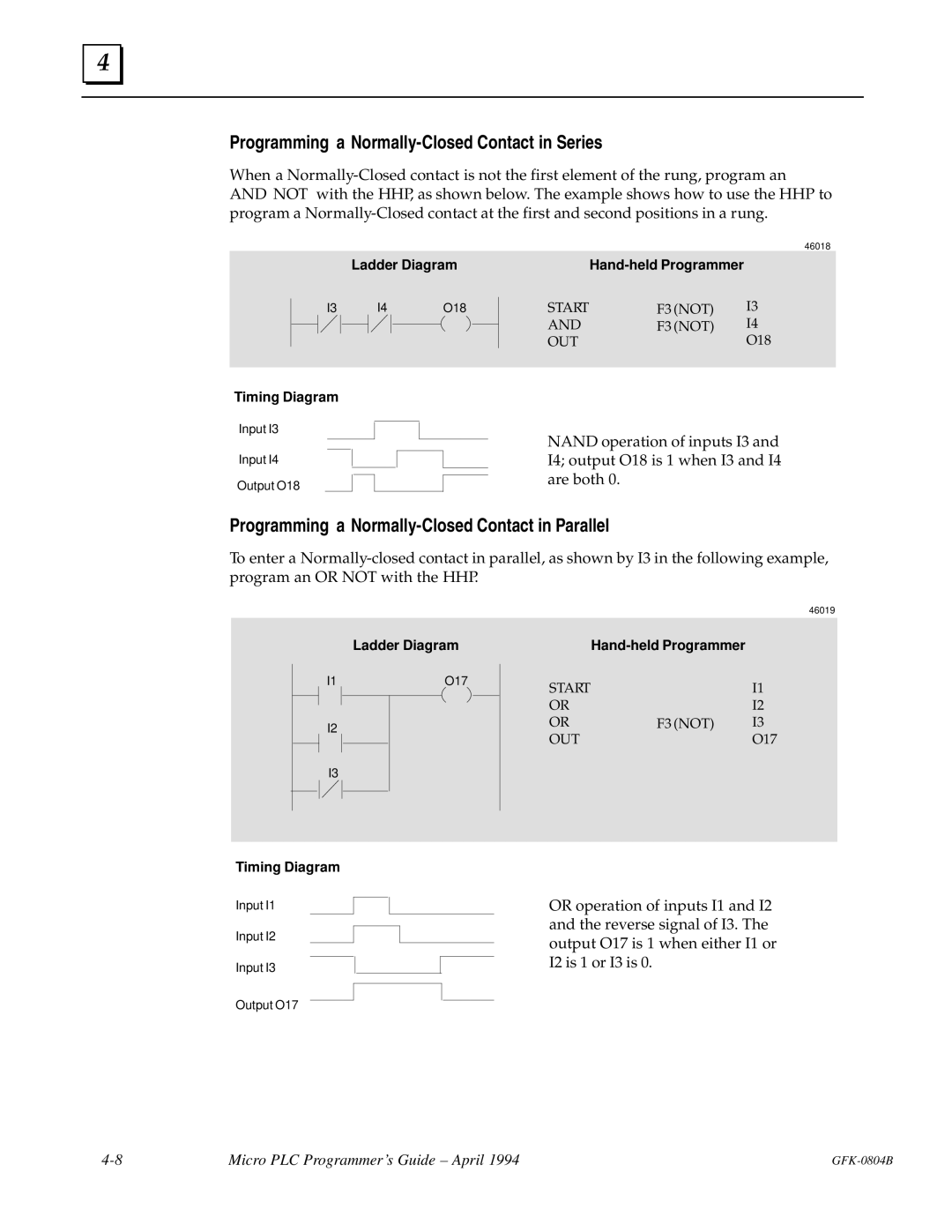 GE GFK-0804B manual Programming a Normally-Closed Contact in Series, Programming a Normally-Closed Contact in Parallel 