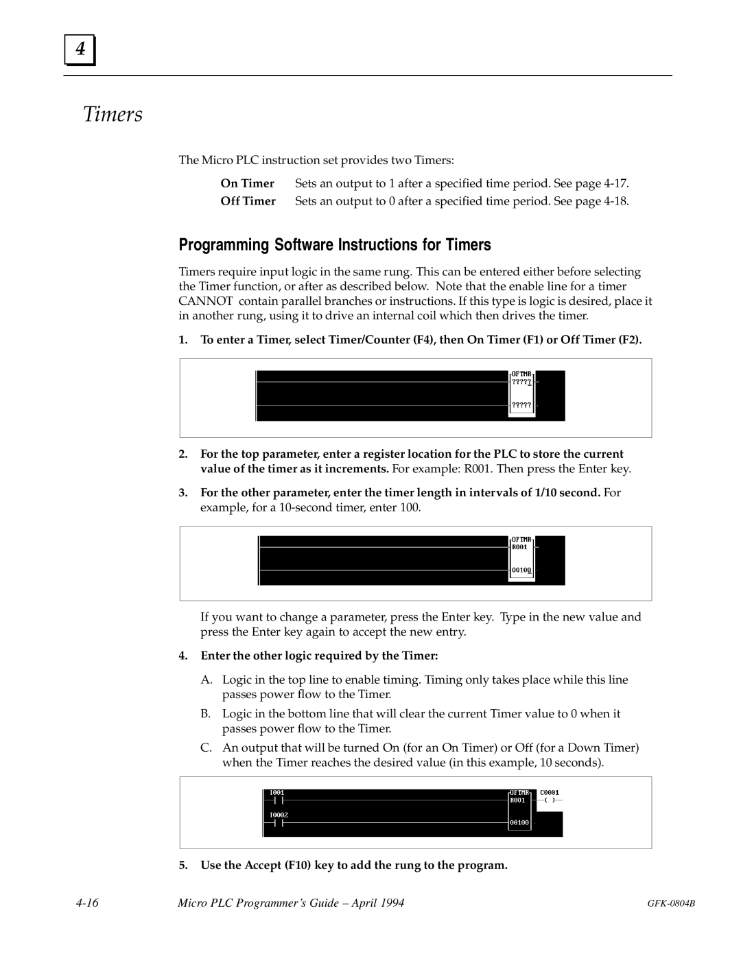 GE GFK-0804B manual Programming Software Instructions for Timers, Enter the other logic required by the Timer 