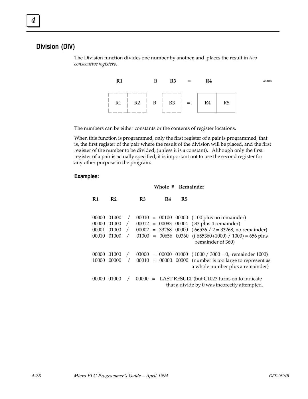 GE GFK-0804B manual Division DIV, Whole # Remainder 