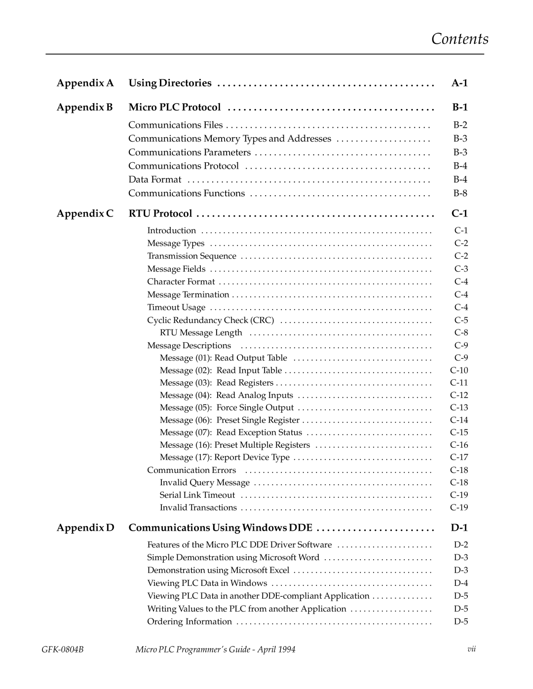 GE GFK-0804B manual Appendix a Using Directories Appendix B Micro PLC Protocol 