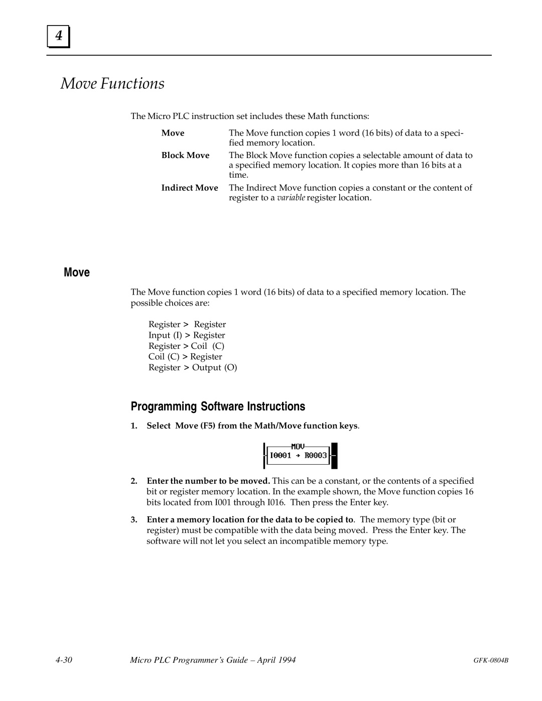 GE GFK-0804B manual Move Functions, Select Move F5 from the Math/Move function keys 