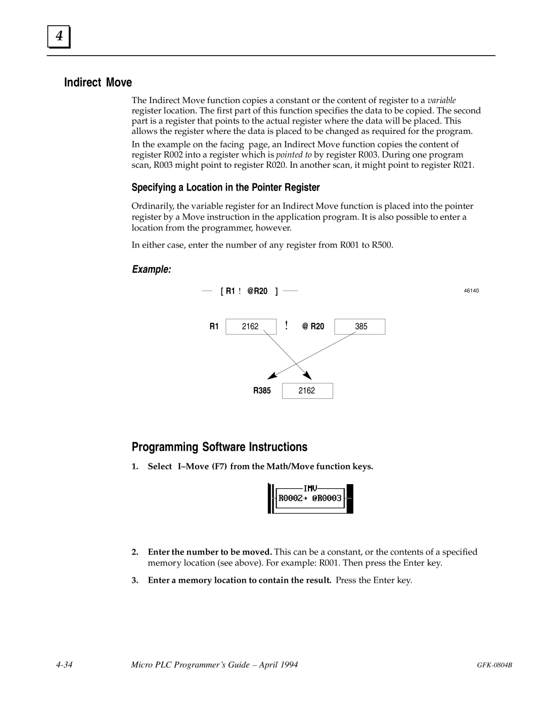 GE GFK-0804B manual Indirect Move, Specifying a Location in the Pointer Register 