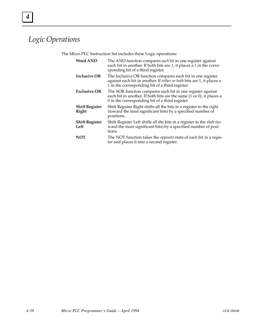 GE GFK-0804B manual Logic Operations, Not 