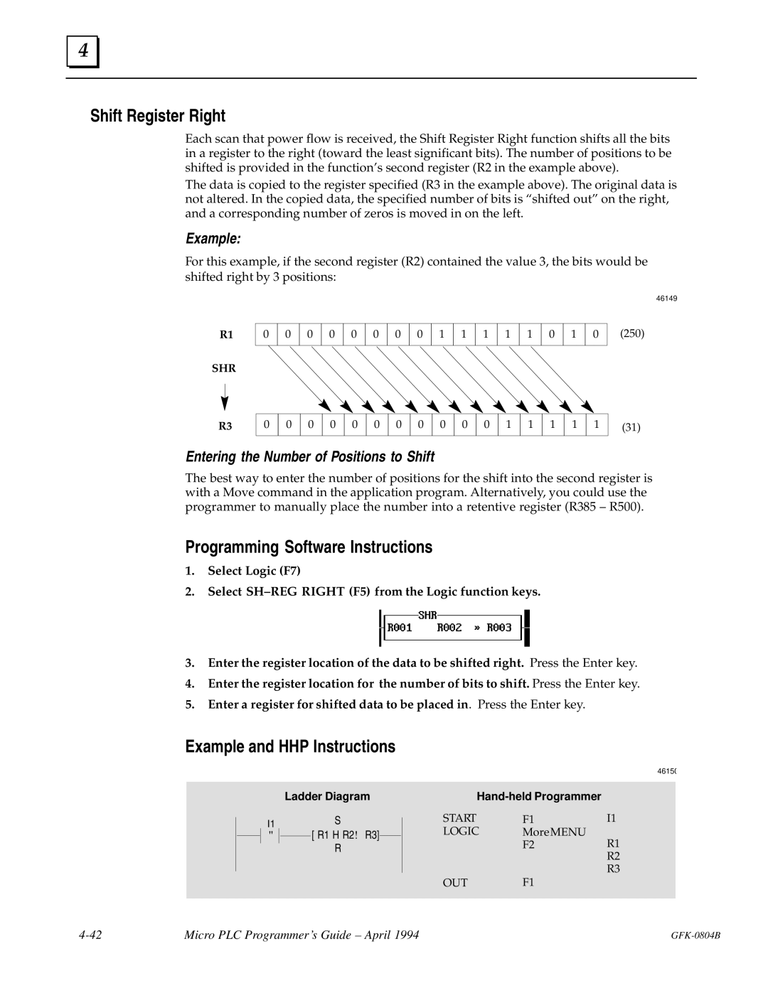 GE GFK-0804B manual Shift Register Right, Entering the Number of Positions to Shift 