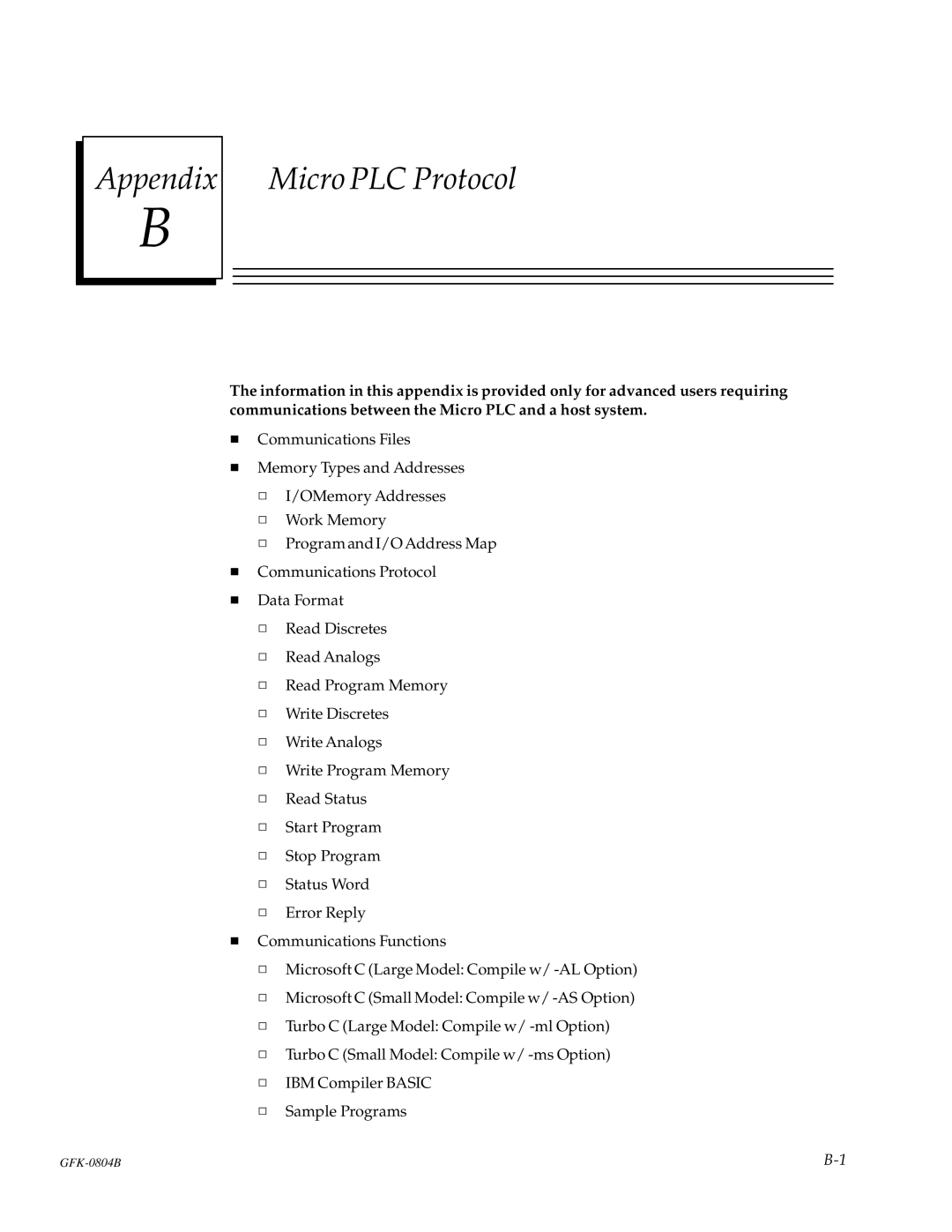 GE GFK-0804B manual Appendix Micro PLC Protocol 