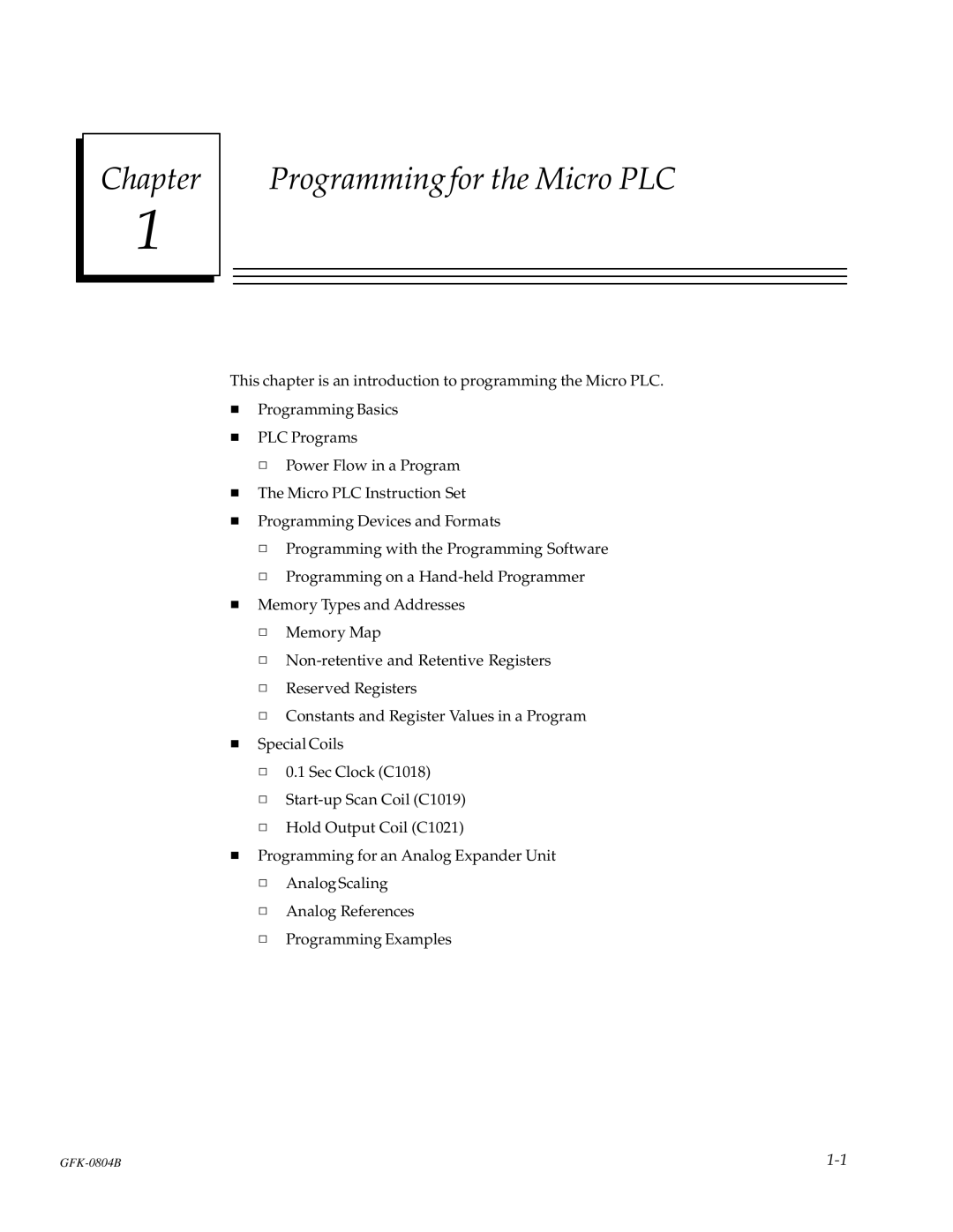 GE GFK-0804B manual Chapter Programming for the Micro PLC 