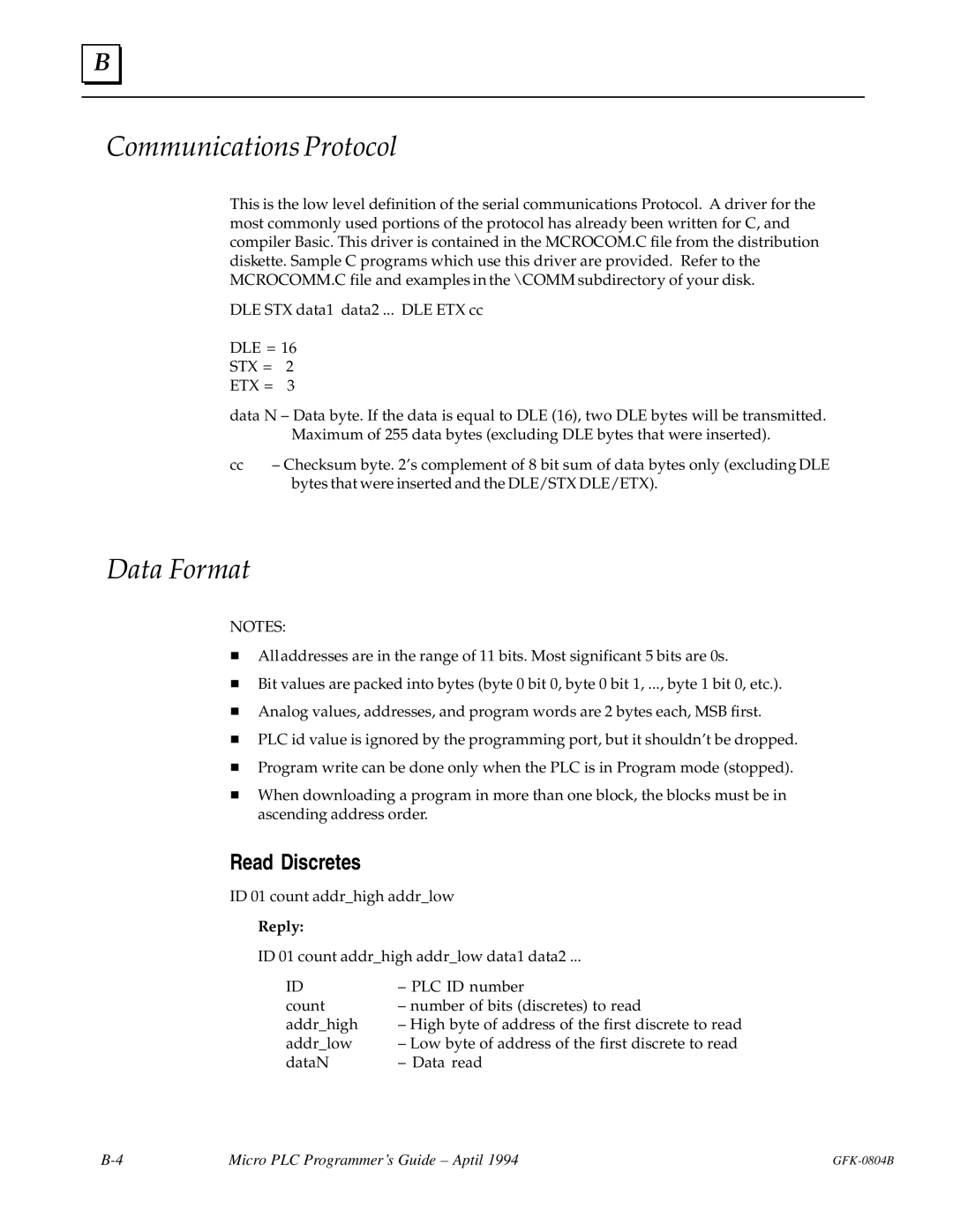 GE GFK-0804B manual Communications Protocol, Data Format, Read Discretes, Reply 