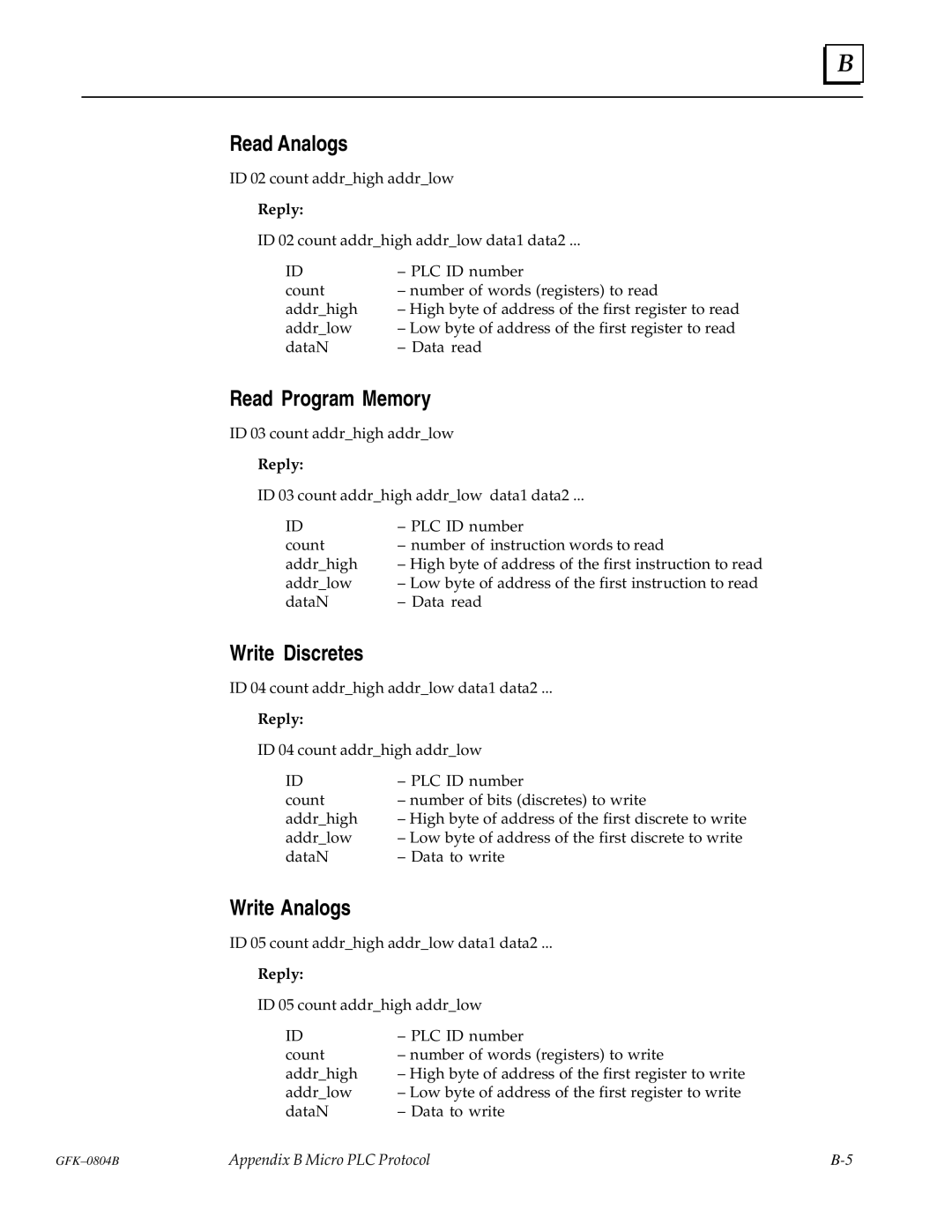 GE GFK-0804B manual Read Analogs, Read Program Memory, Write Discretes, Write Analogs 