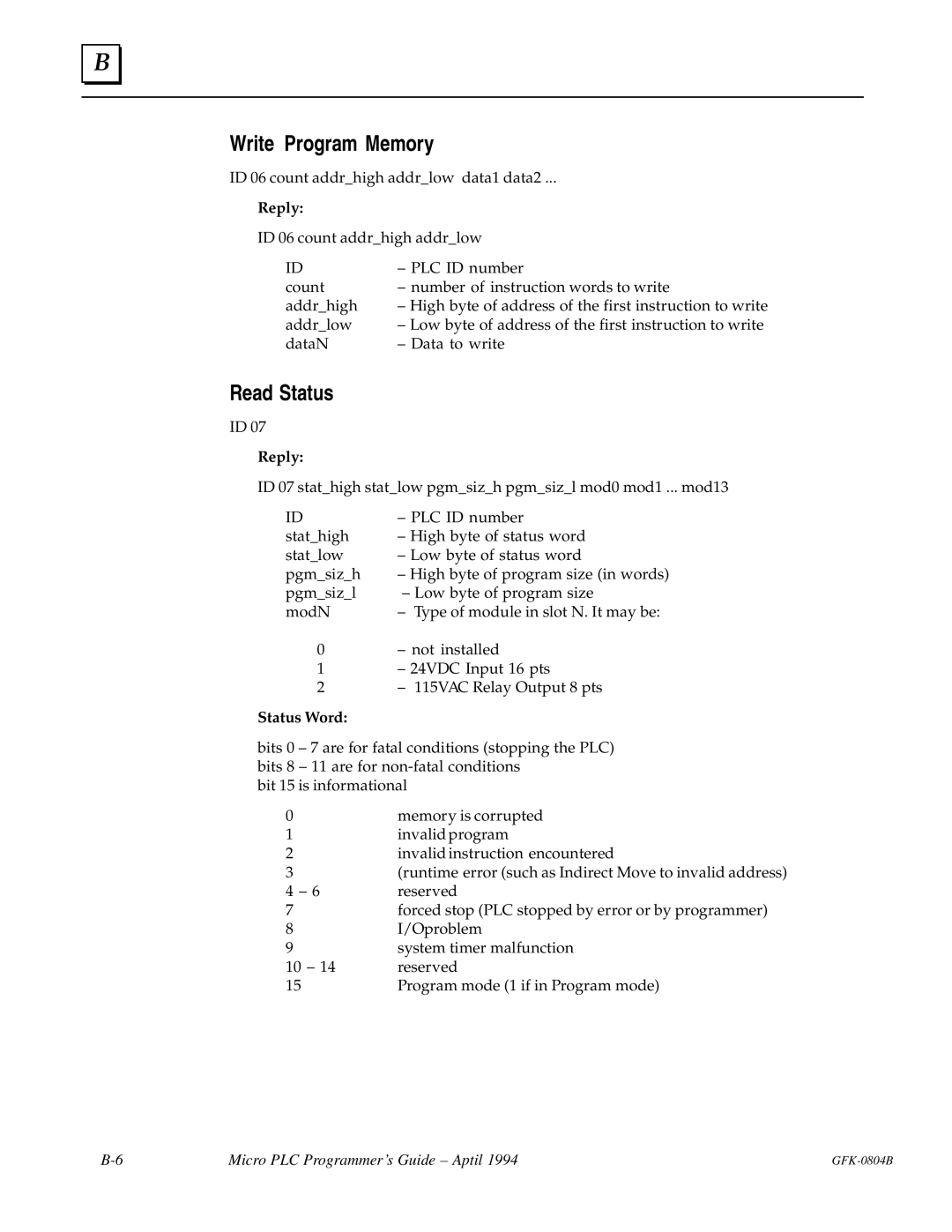 GE GFK-0804B manual Write Program Memory, Read Status, Status Word 