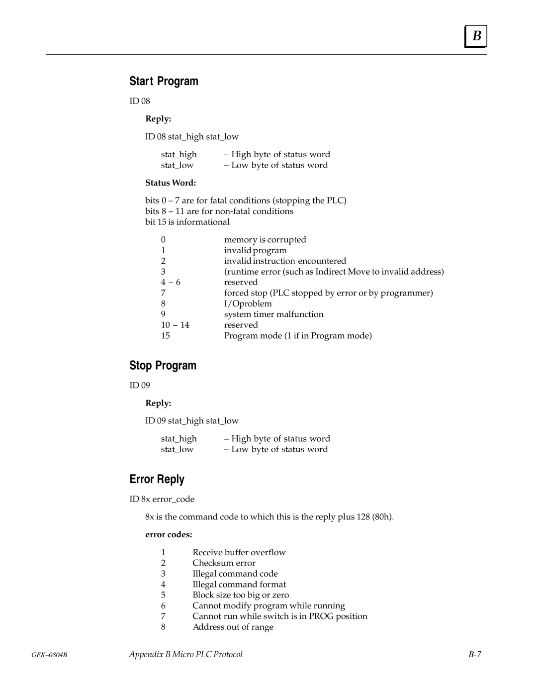 GE GFK-0804B manual Start Program, Stop Program, Error Reply, Error codes 