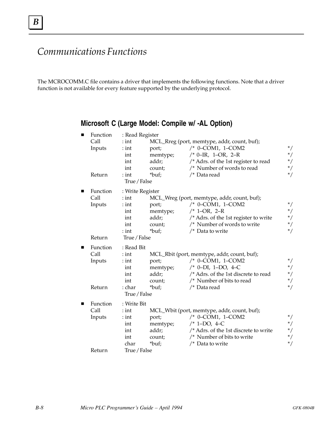 GE GFK-0804B manual Communications Functions, Microsoft C Large Model Compile w/ -AL Option 