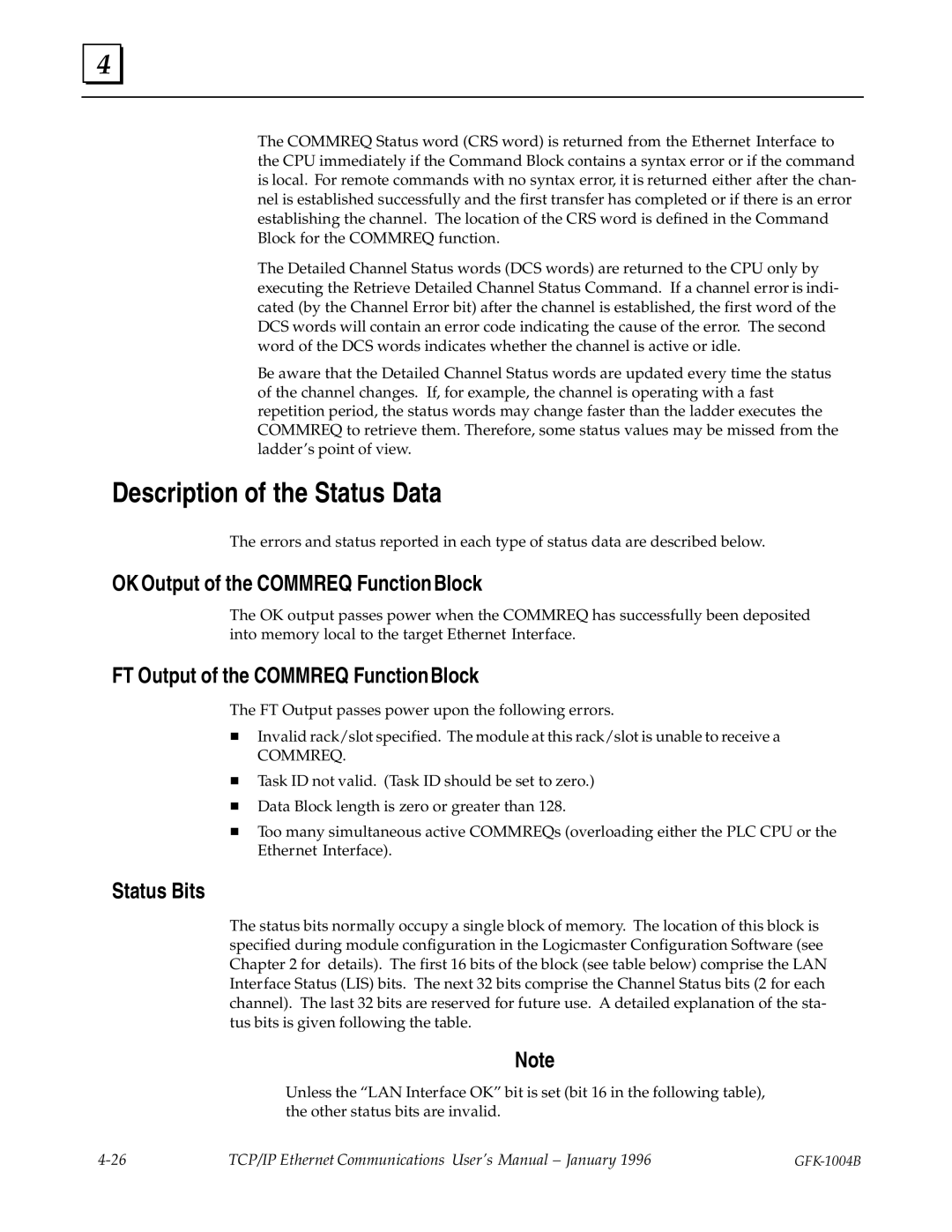 GE GFK-1004B user manual Description of the Status Data, OK Output of the Commreq FunctionBlock, Status Bits 