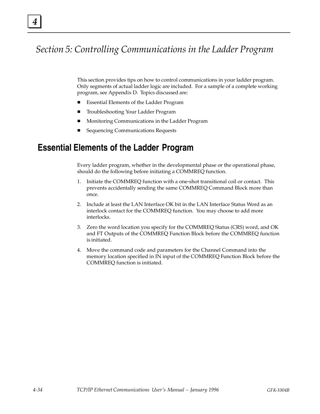 GE GFK-1004B user manual Controlling Communications in the Ladder Program, Essential Elements of the Ladder Program 