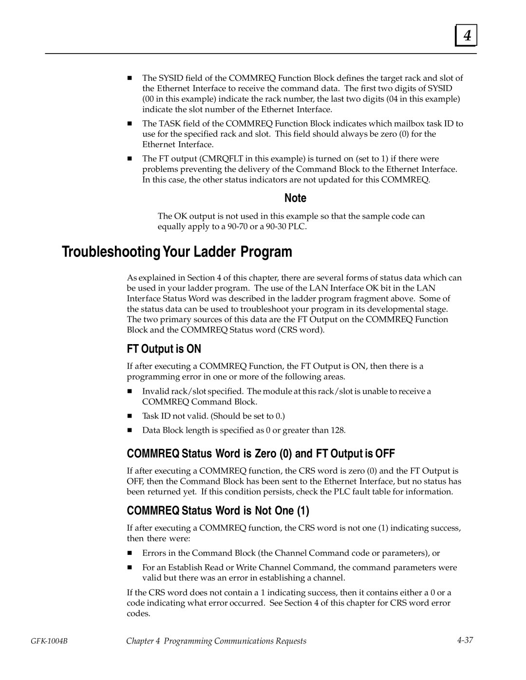 GE GFK-1004B Troubleshooting Your Ladder Program, FT Output is on, Commreq Status Word is Zero 0 and FT Output is OFF 