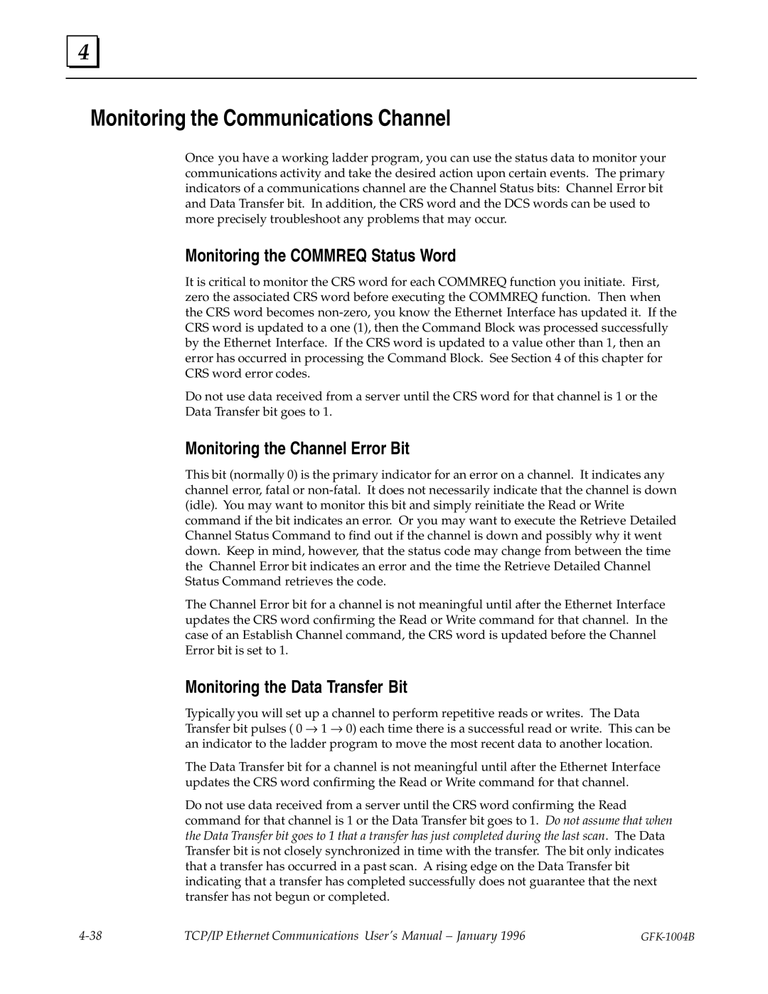 GE GFK-1004B Monitoring the Communications Channel, Monitoring the Commreq Status Word, Monitoring the Channel Error Bit 
