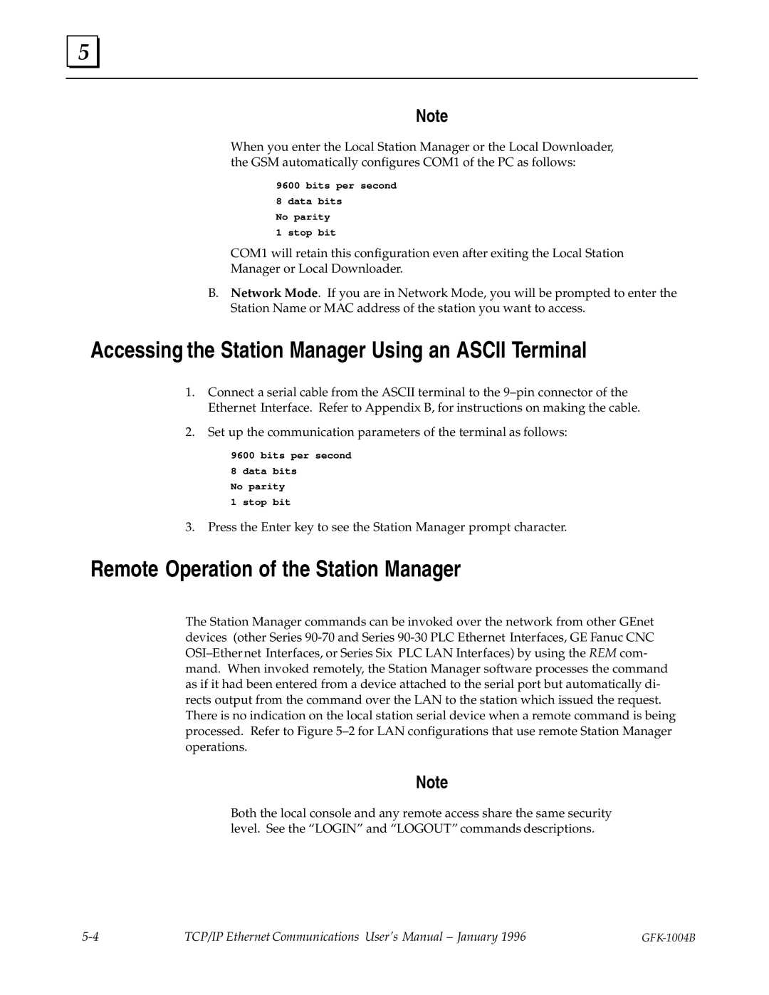 GE GFK-1004B user manual Accessing the Station Manager Using an Ascii Terminal, Remote Operation of the Station Manager 