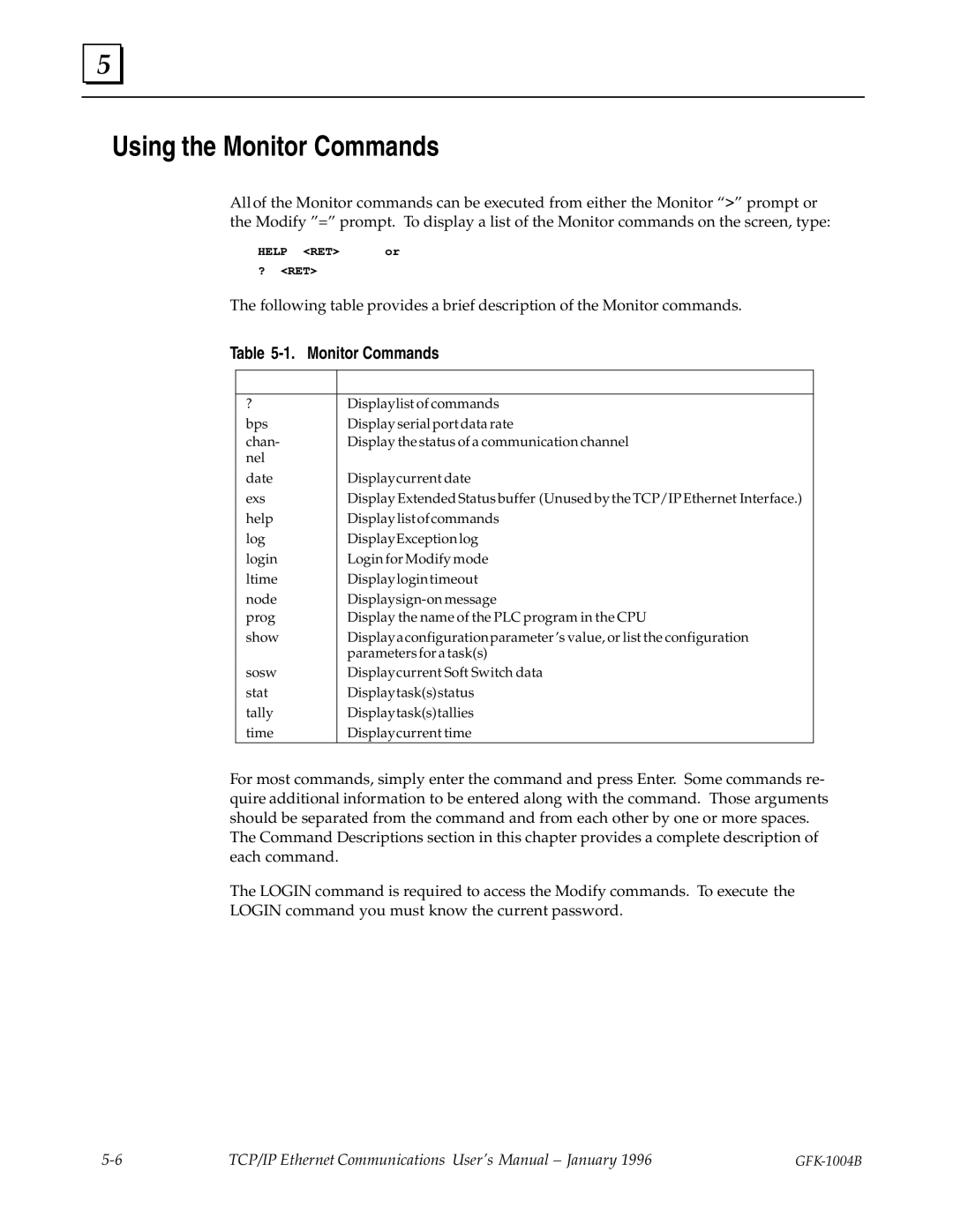 GE GFK-1004B user manual Using the Monitor Commands, Command Description 