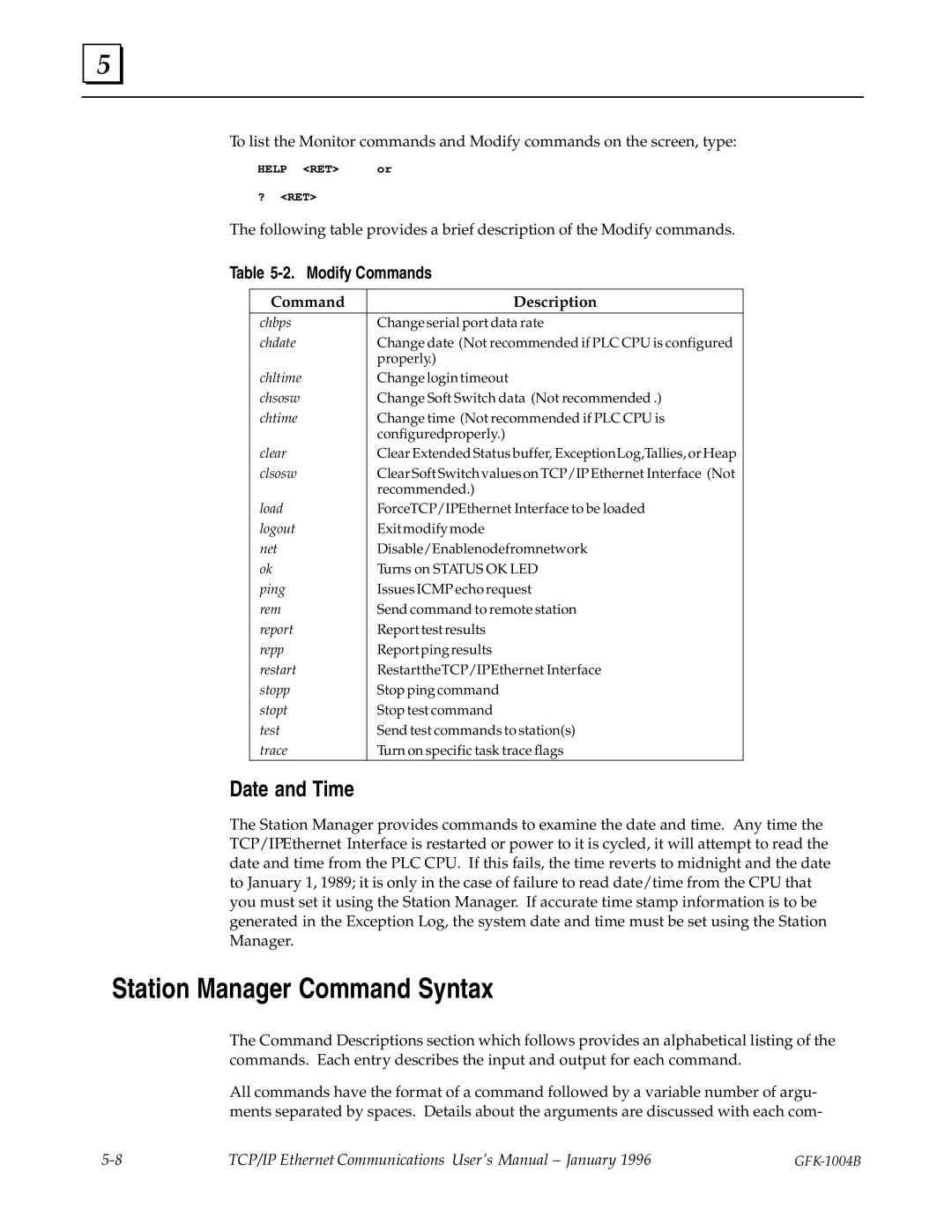 GE GFK-1004B user manual Station Manager Command Syntax, Date and Time, Modify Commands 