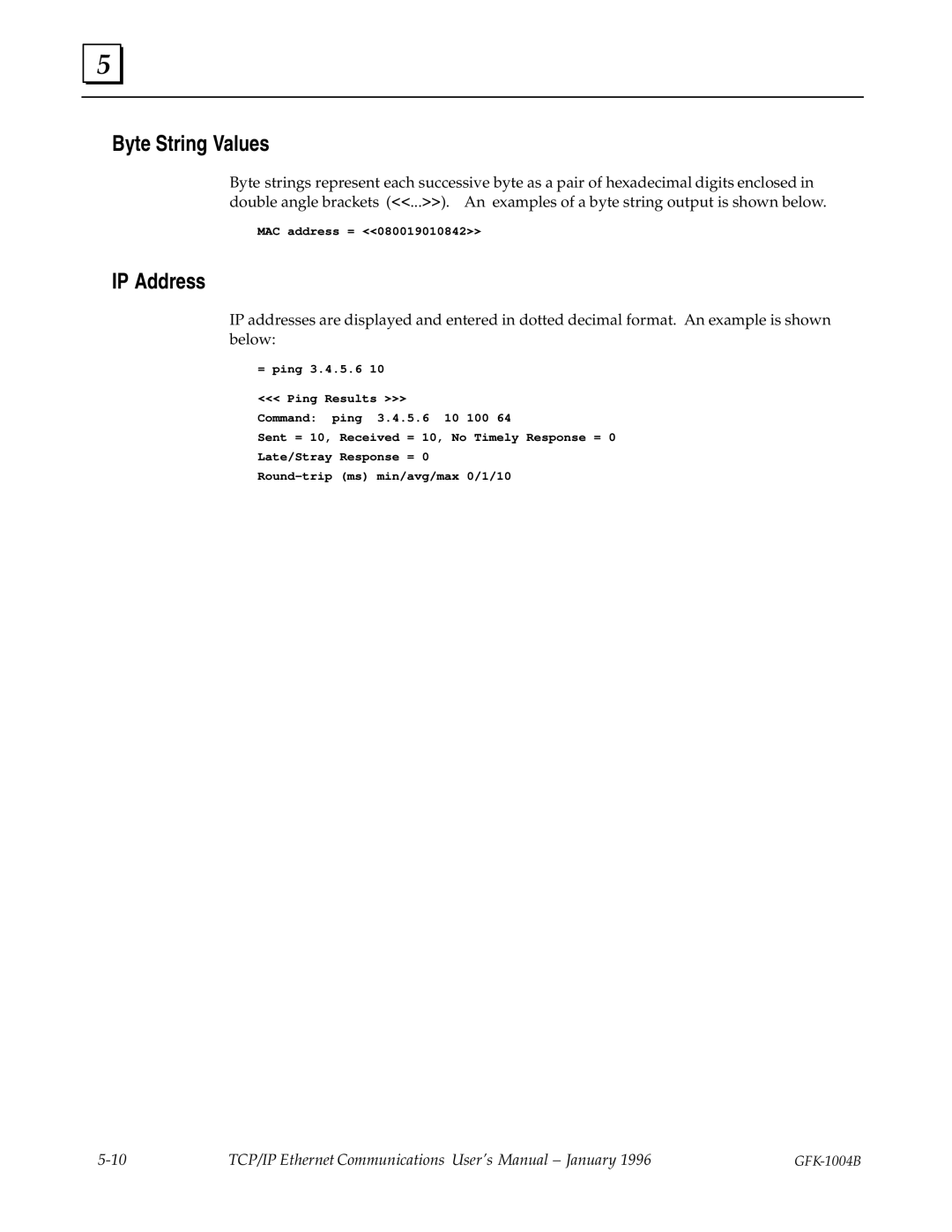 GE GFK-1004B user manual Byte String Values, IP Address 