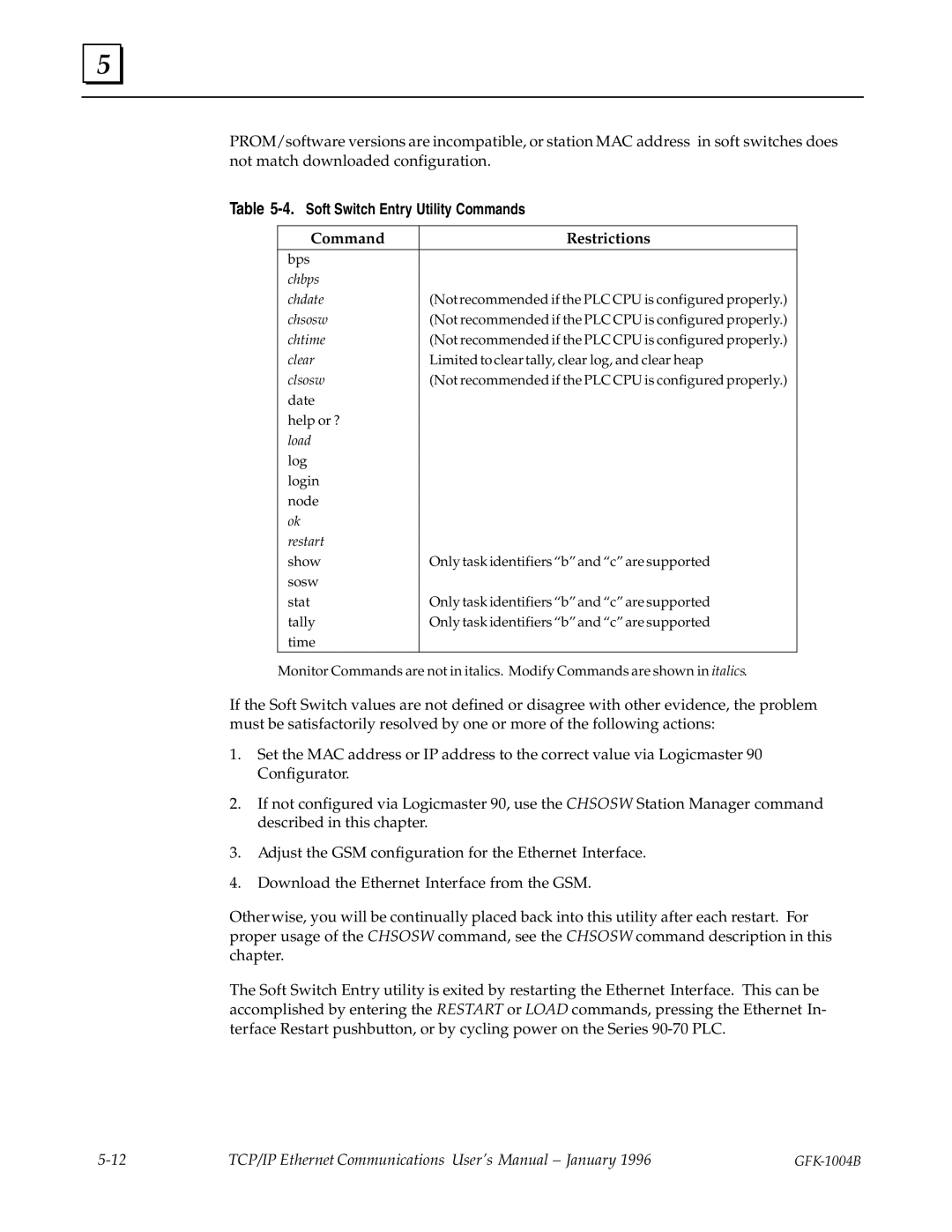 GE GFK-1004B user manual Soft Switch Entry Utility Commands, Command Restrictions 