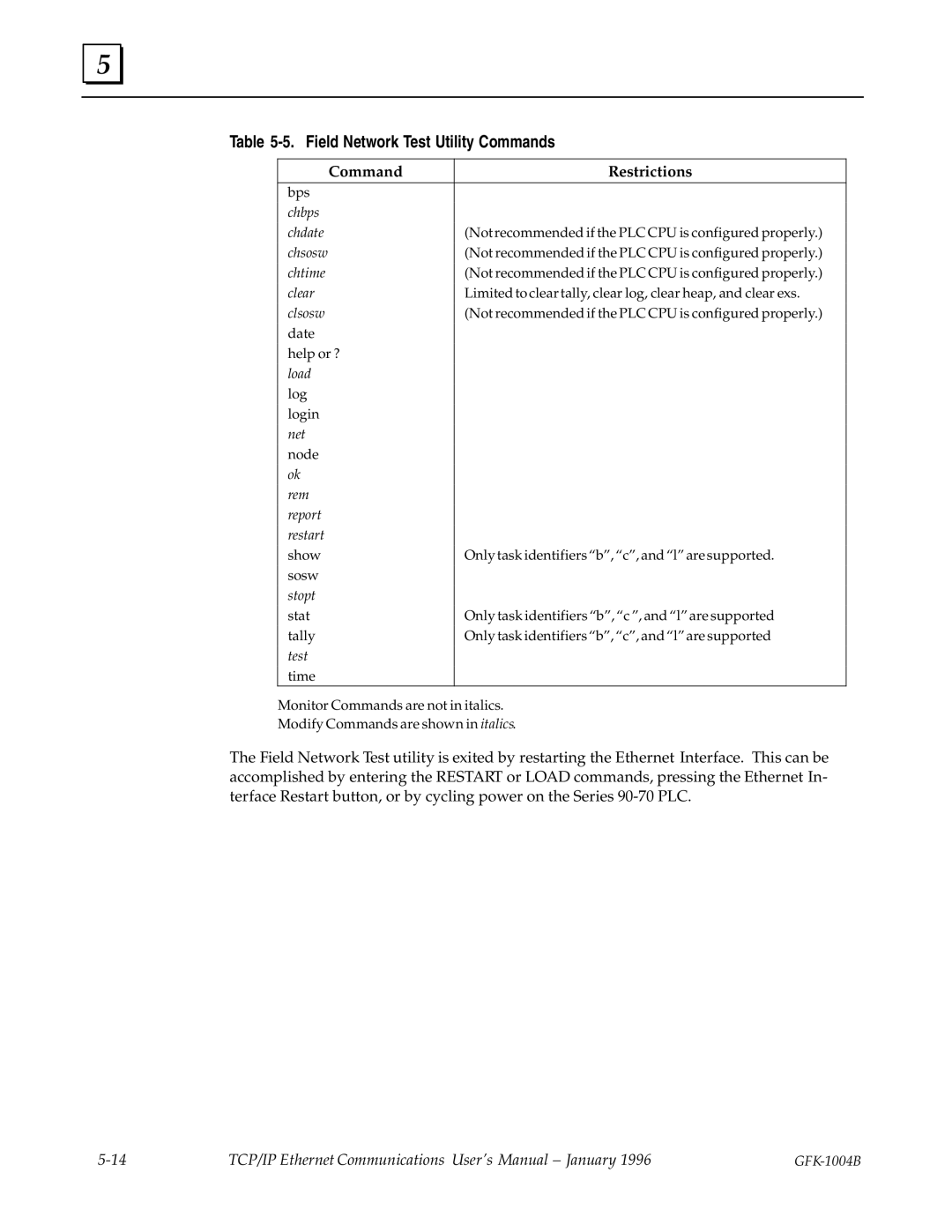 GE GFK-1004B user manual Field Network Test Utility Commands 