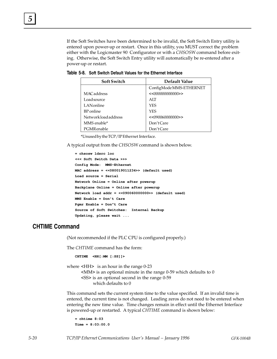 GE GFK-1004B user manual Chtime Command, Soft Switch Default Value 