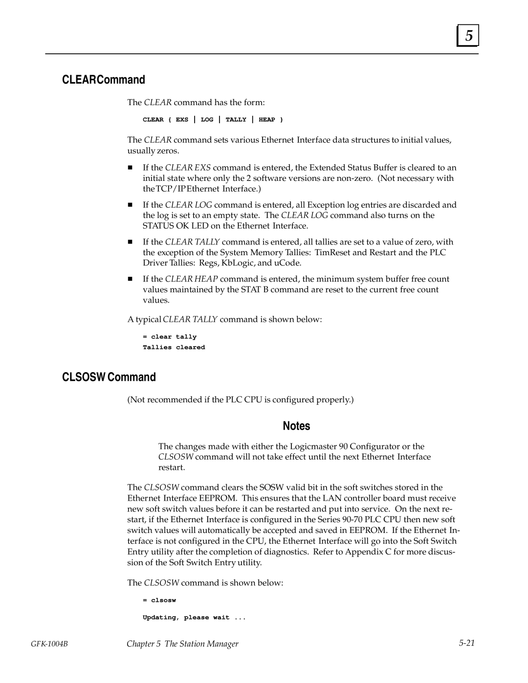 GE GFK-1004B user manual Clear Command, Clsosw Command 