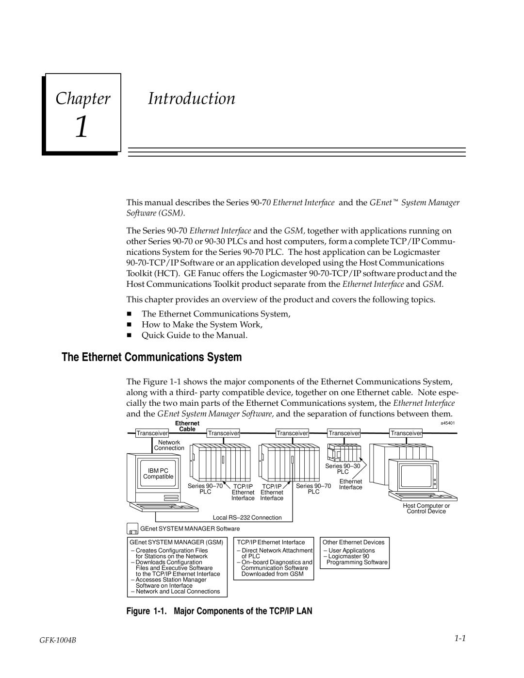 GE GFK-1004B user manual Ethernet Communications System, Major Components of the TCP/IP LAN 