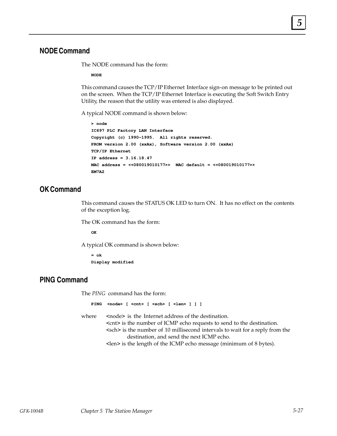 GE GFK-1004B user manual Node Command, OK Command, Ping Command 