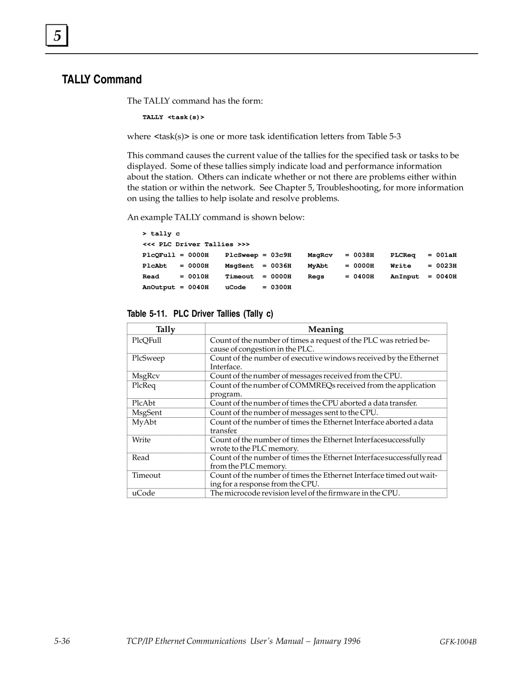 GE GFK-1004B user manual Tally Command, PLC Driver Tallies Tally c, Tally Meaning 