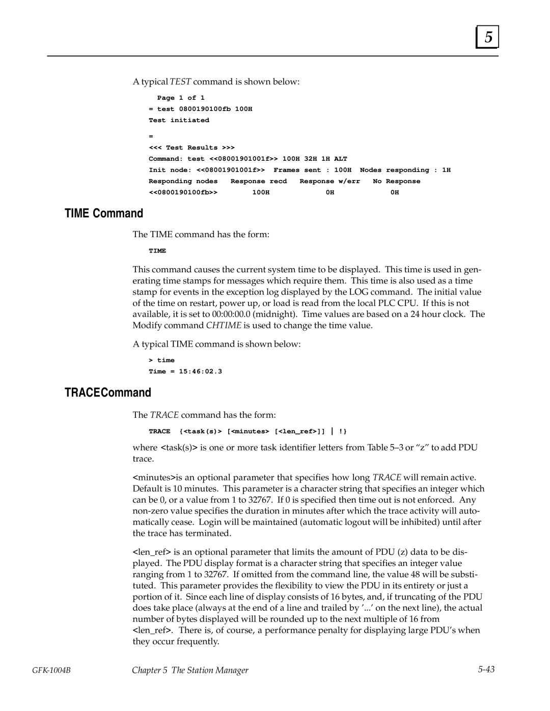 GE GFK-1004B user manual Time Command, Trace Command 