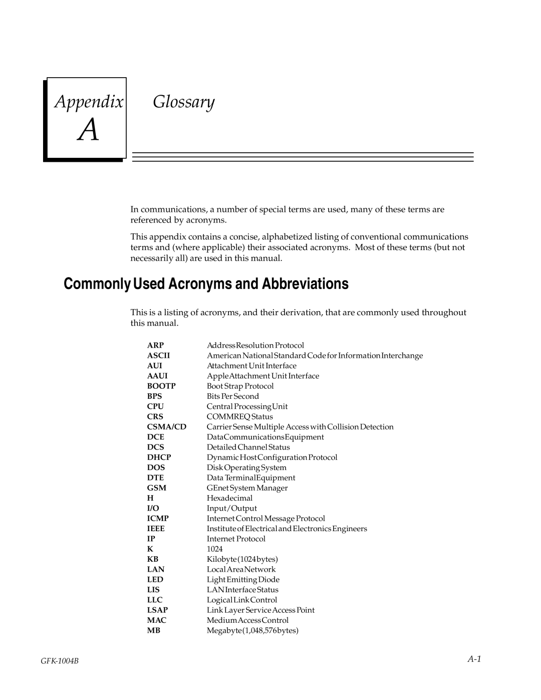 GE GFK-1004B user manual Appendix Glossary, Commonly Used Acronyms and Abbreviations 