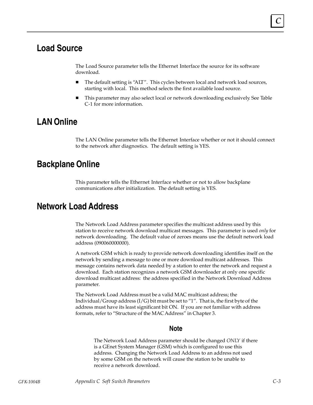 GE GFK-1004B user manual Load Source, LAN Online, Backplane Online, Network Load Address 