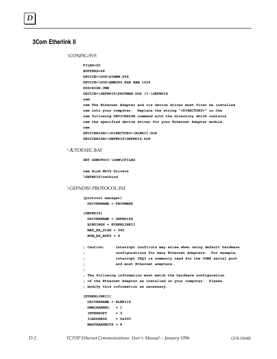 GE GFK-1004B user manual 3Com Etherlink, Config.Sys 