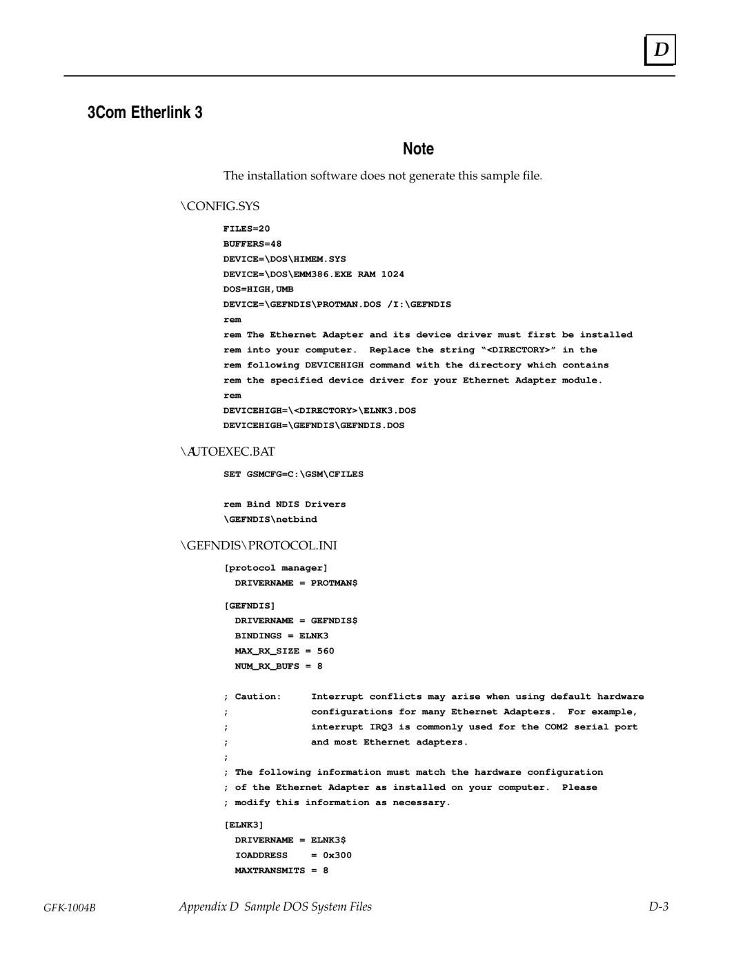 GE GFK-1004B user manual Appendix D Sample DOS System Files 