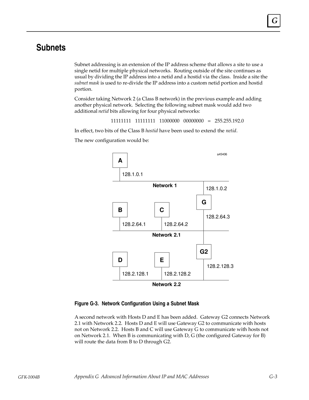 GE GFK-1004B user manual Subnets, Figure G-3. Network Configuration Using a Subnet Mask 