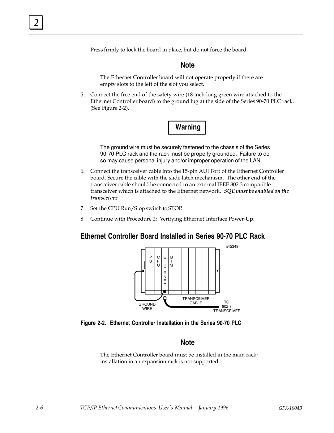 GE GFK-1004B user manual Ethernet Controller Board Installed in Series 90-70 PLC Rack 