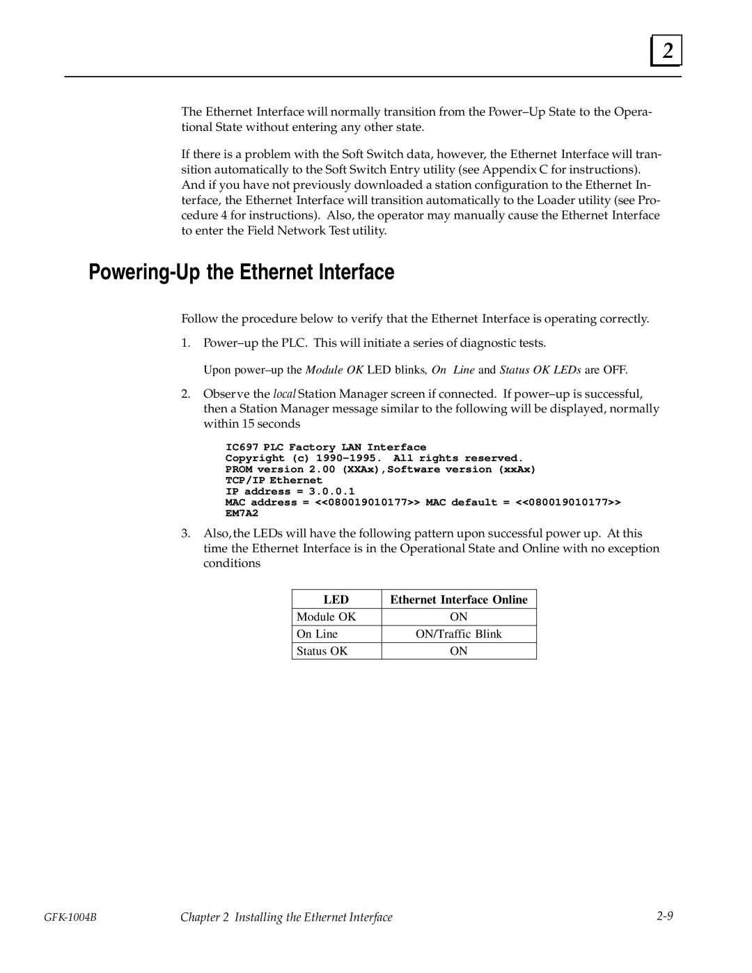 GE GFK-1004B user manual Powering-Up the Ethernet Interface, Ethernet Interface Online 