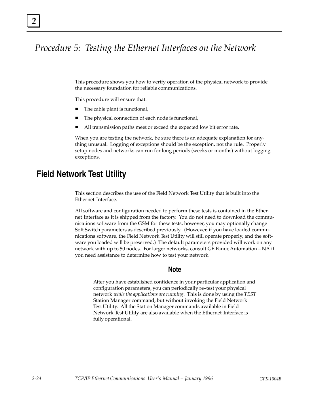 GE GFK-1004B user manual Procedure 5 Testing the Ethernet Interfaces on the Network, Field Network Test Utility 