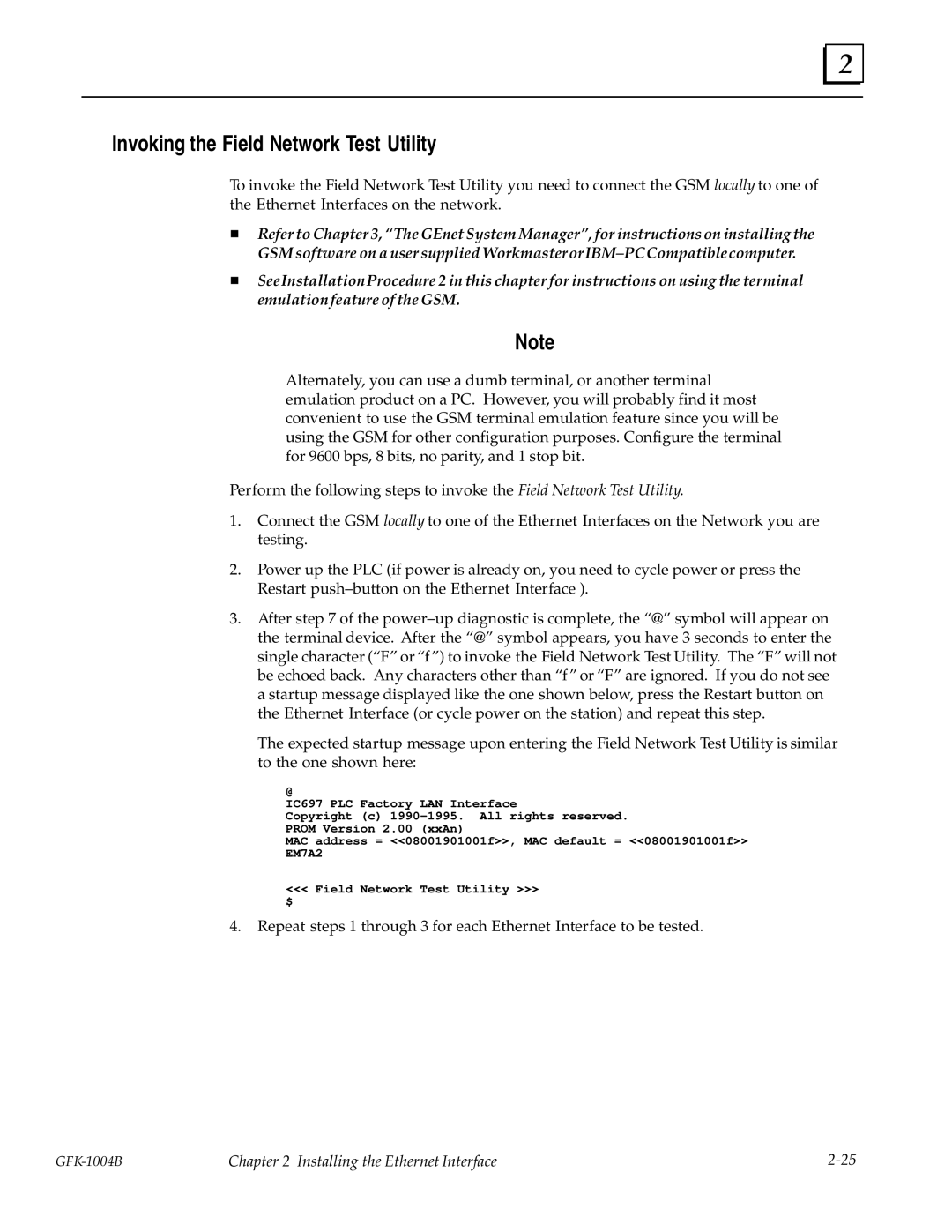 GE GFK-1004B user manual Invoking the Field Network Test Utility 