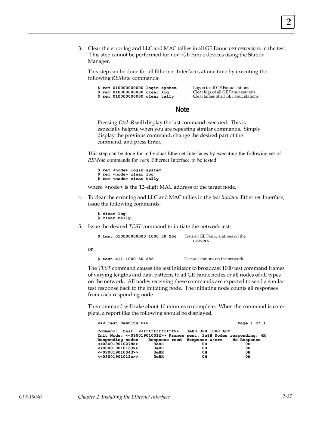 GE GFK-1004B user manual Issue the desired Test command to initiate the network test 