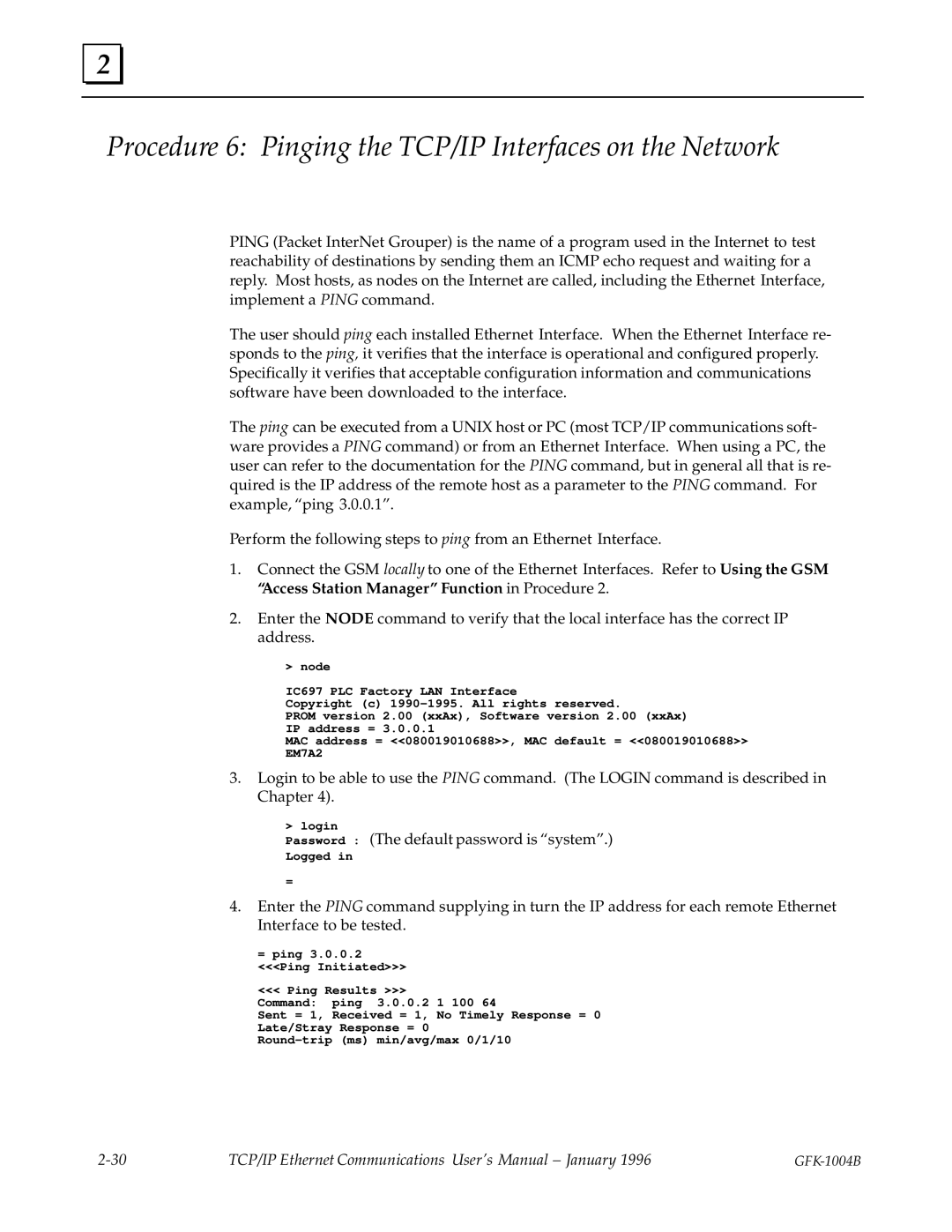 GE GFK-1004B user manual Procedure 6 Pinging the TCP/IP Interfaces on the Network 