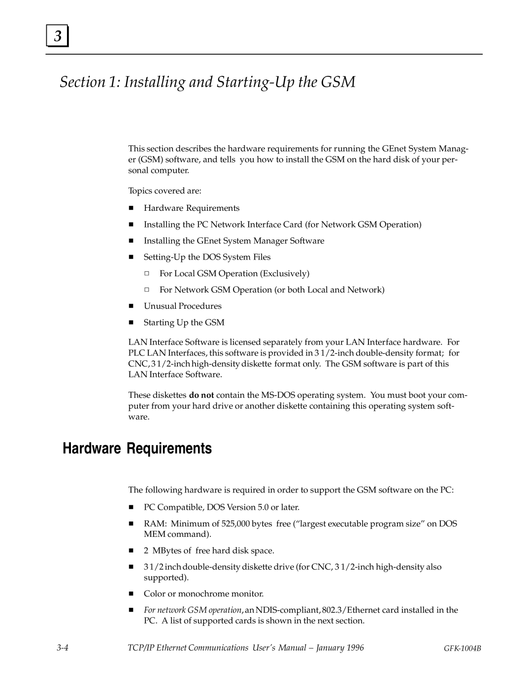 GE GFK-1004B user manual Installing and Starting-Up the GSM, Hardware Requirements 